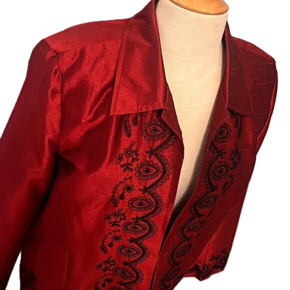Silk Land Womens Long Sleeve Blazer Jacket Red 12 Christmas Holiday Embroidered - Picture 3 of 10